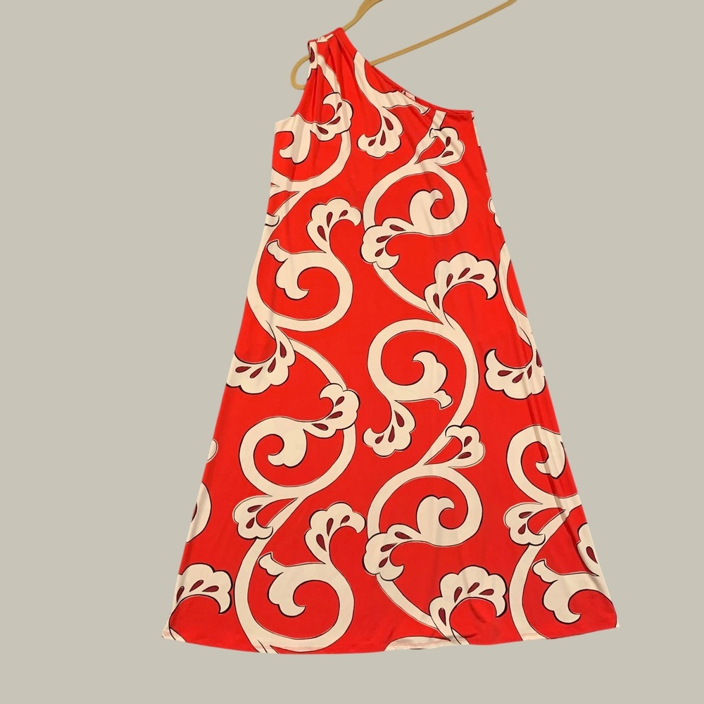 Chico's One Shoulder Maxi Dress Women Size 1 Red White Scroll Print Resortwear